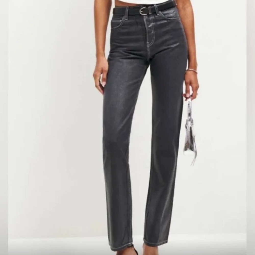 NWT Reformation Cynthia High Rise Straight Glossy Black Denim Jeans Size 26